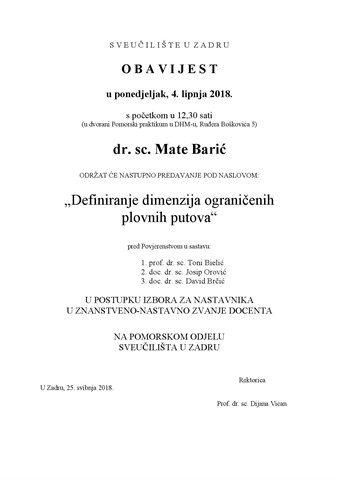 Nastupno predavanje - dr. sc. Mate Barić